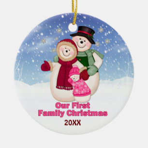 Weihnachtsrosa Frosty Snowman Familie Keramikornament