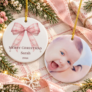 Weihnachtsrosafarbenes Tartan-Schleifen-Foto Keramik Ornament
