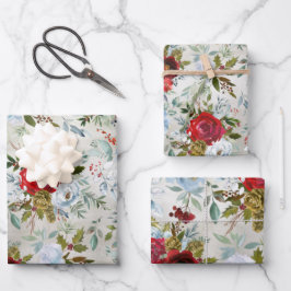 Weihnachtsrot & Dusty Blue Rose & Holly Geschenkpapier Set