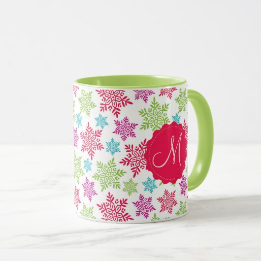 Weihnachtsrot, Grün, Rosa, hellblaue Schneeflocken Tasse (VorderseiteRechts)