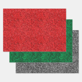 Weihnachtsrot, Grün & Silberne Imitat Glitzer Glos Geschenkpapier Set