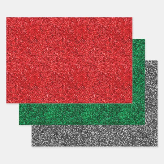 Weihnachtsrot, Grün & Silberne Imitat Glitzer Glos Geschenkpapier Set (Set)