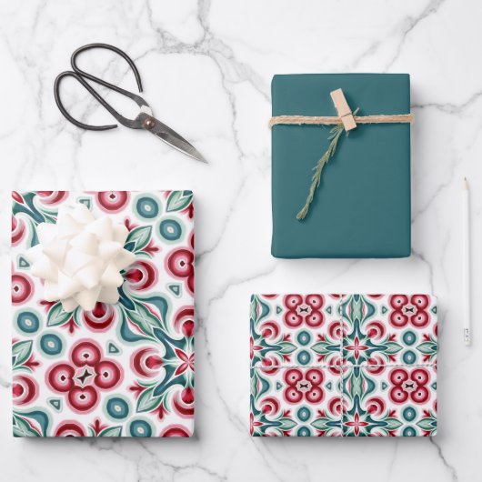 Weihnachtsrot, Grün und Weiß Muster Geschenkpapier Set (Vorderseite)