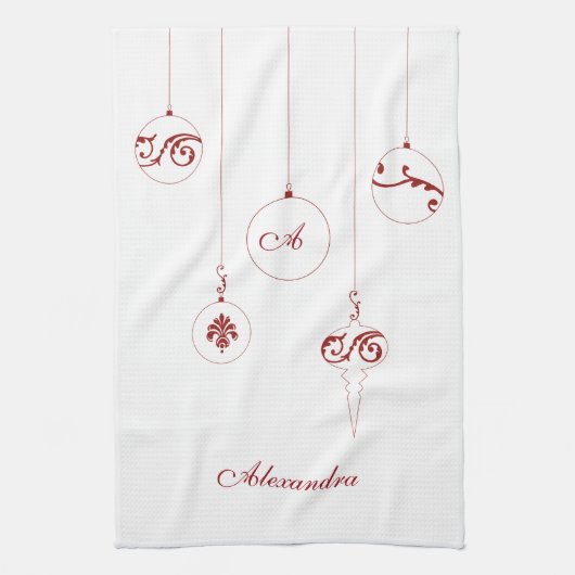 Weihnachtsrot Monogram Bauble Ornamente Name Geschirrtuch (Vertikal)