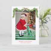 Weihnachtsrot - Streifen Bow Garland Foto Feiertagskarte (Stehend Vorderseite)