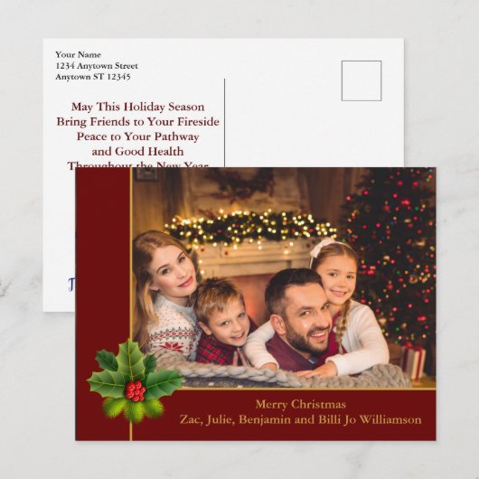 Weihnachtsrot und Goldrahmen mit Holly-Foto Postkarte (Vorne/Hinten)