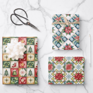 Weihnachtsrot und Grün Klassisches Patchwork-Muste Geschenkpapier Set
