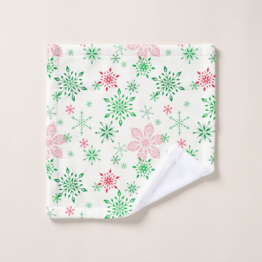 Weihnachtsrot und grüne Schneeflocken Badhandtuch Set (Waschlappen)