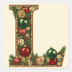 Weihnachtsrot und Grüner Buchstabe L Quadratischer Aufkleber