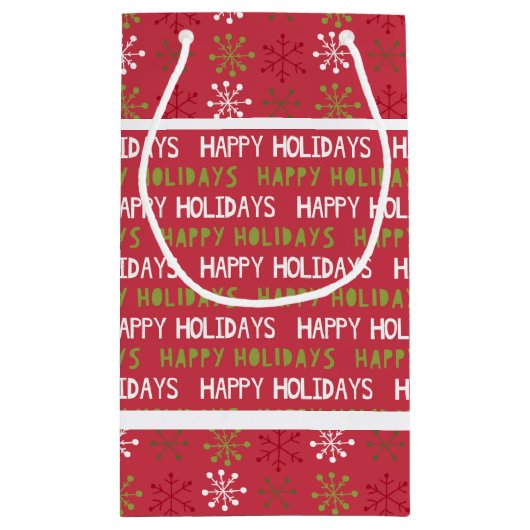 Weihnachtsrot, Weiß und Grüne Schneeflocken Kleine Geschenktüte (Rückseite)