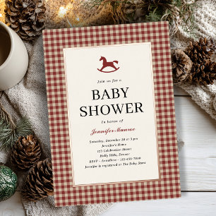 Weihnachtsrote Karo-Schaukelpferd-Baby-Shower Folieneinladung