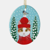 Weihnachtsrote Katzen-Vogel-Winterverzierung Keramik Ornament (Rechts)