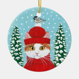 Weihnachtsrote Katzen-Vogel-Winterverzierung Keramik Ornament