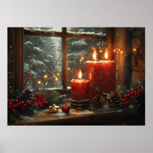 Weihnachtsrote Kerzen Winterfenster Poster
