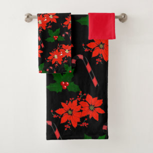 Weihnachtsrote Poinsettie und Stechpalmenblätter Badhandtuch Set