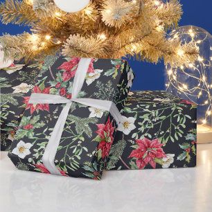 Weihnachtsrote Poinsettien Blumen und Beeren   Geschenkpapier