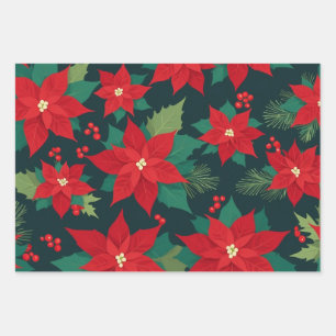 Weihnachtsrote Poinsettienblumen, Beeren Geschenkpapier Set