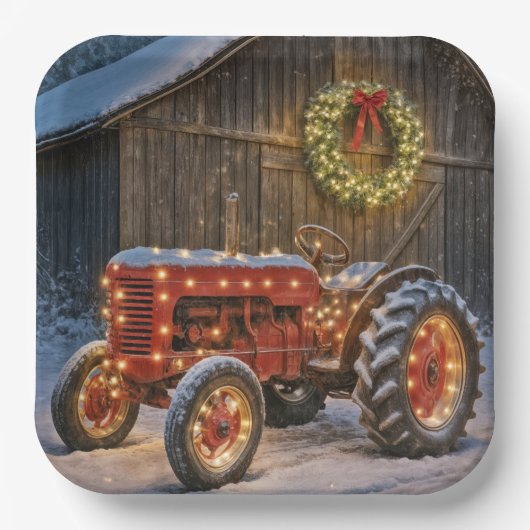 Weihnachtsroter Bauernhof-Traktor mit leuchtendem Pappteller (Vorderseite)