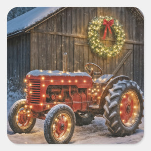 Weihnachtsroter Bauernhof-Traktor mit leuchtendem  Quadratischer Aufkleber