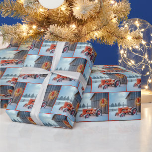 Weihnachtsroter Bauerstraktor im Schnee Geschenkpapier