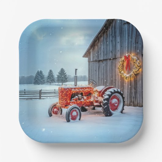 Weihnachtsroter Bauerstraktor im Schnee Pappteller (Vorderseite)