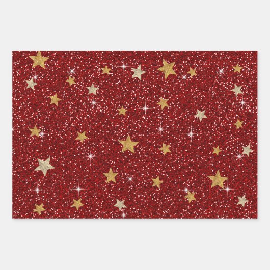 Weihnachtsroter Glitzer Goldene Fossilien Kariert Geschenkpapier Set (Vorderseite)