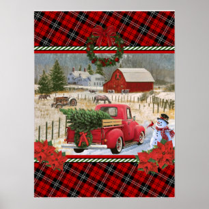 Weihnachtsroter LKW auf der Pferdefarm Poster