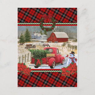 Weihnachtsroter LKW auf der Pferdefarm Postkarte