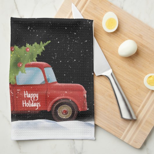 Weihnachtsroter LKW mit Baum Geschirrtuch (Viertel Falte)