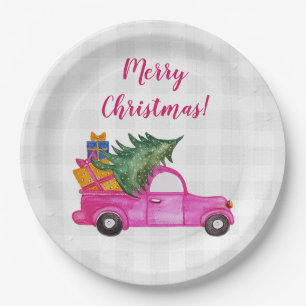 Weihnachtsroter LKW mit Baum und Wünschen Pappteller