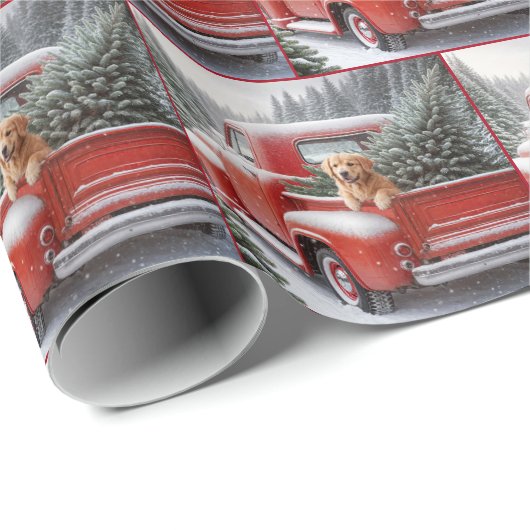 Weihnachtsroter LKW mit Goldenen Retriever Geschenkpapier (Rolleneckpunkt)