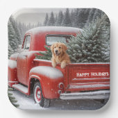 Weihnachtsroter LKW mit Goldenen Retriever Pappteller (Vorderseite)