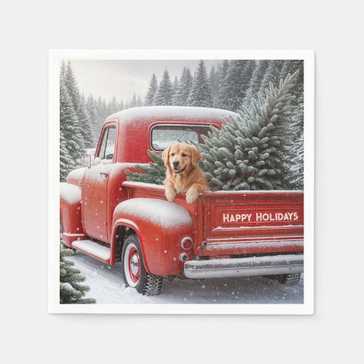 Weihnachtsroter LKW mit Goldenen Retriever Serviette (Vorderseite)