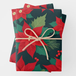Weihnachtsroter Poinsettien-Blumen, Tannenzweige Geschenkpapier Set