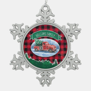 Weihnachtsroter Vintage-LKW Buffalo Plaid mit Name Schneeflocken Zinn-Ornament