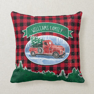 Weihnachtsroter Vintage-LKW Buffalo Plaid Name hin Kissen