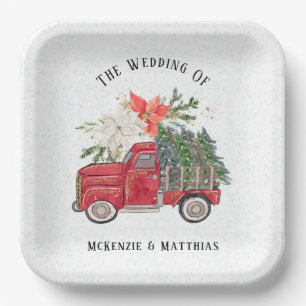 Weihnachtsroter Vintage-LKW und Bäume Hochzeit Pappteller