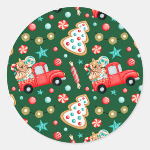 Weihnachtsroter Vintage-LKW und Weihnachtsbonbons Runder Aufkleber