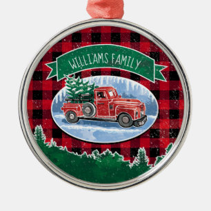 Weihnachtsroter Vintager LKW Buffalo Karierter Nam Ornament Aus Metall