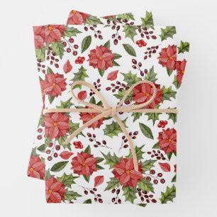 Weihnachtsroter Weihnachtsstern und Beeren Geschenkpapier Set