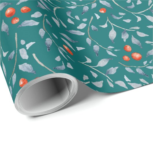 Weihnachtsrotes Beerenmuster modern aquamarin Geschenkpapier (Rolleneckpunkt)