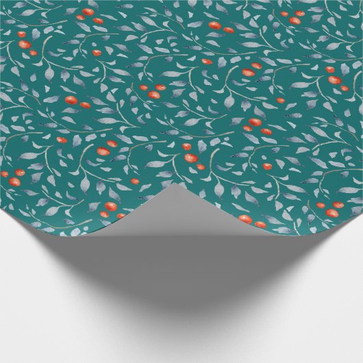 Weihnachtsrotes Beerenmuster modern aquamarin Geschenkpapier (Ecke)