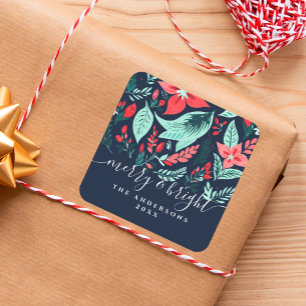 Weihnachtsrotes Florales Botanisches Blau Feiertag Quadratischer Aufkleber