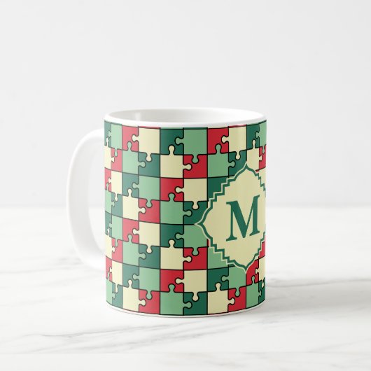 Weihnachtsrotes Puzzleteil Monogram Kaffeetasse (Vorderseite Links)