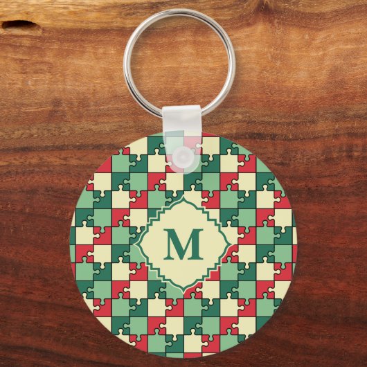 Weihnachtsrotes Puzzleteil Monogram Schlüsselanhänger (Vorderseite)