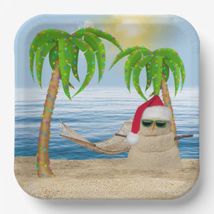Weihnachtssandman am Strand von Tropical Pappteller