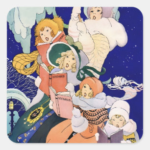 Weihnachtssänger unter den Sternen im Vintage-Stil Quadratischer Aufkleber