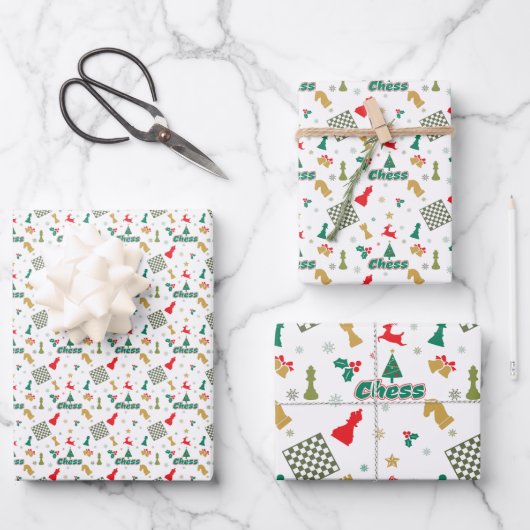 Weihnachtsschach - Stücke, Baum, Holly, Rentier Geschenkpapier Set (Vorderseite)
