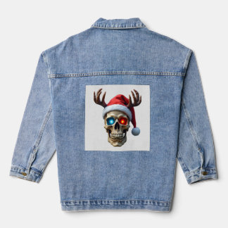 Weihnachtsschädel mit Santa Hut und Geweih Mystik Jeansjacke