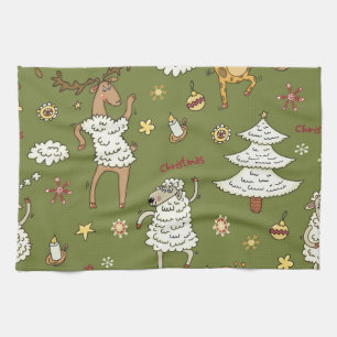 Weihnachtsschaf: Vintage Illustration von Tieren. Geschirrtuch